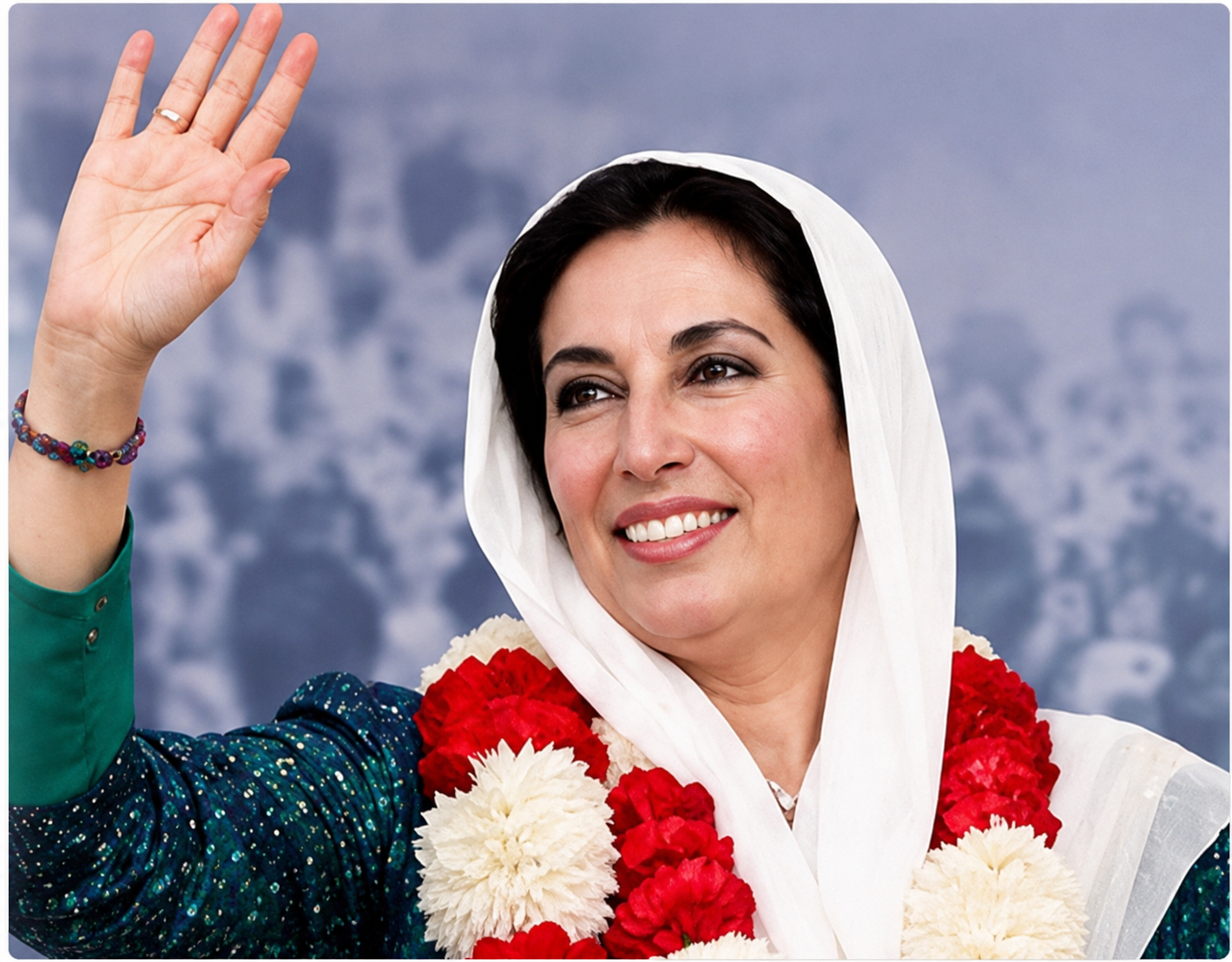 Benazir Bhutto waving to supporters